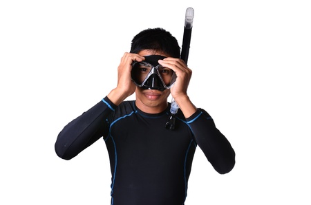 man with snorkeling equipment isolated on white backgroundの写真素材