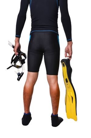 man with snorkeling equipment isolated on white backgroundの写真素材