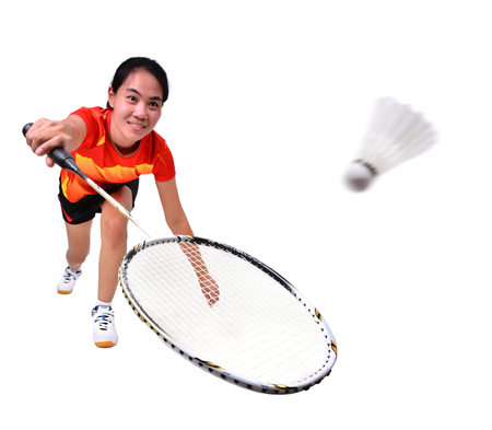 badminton player in action isolated on white backgroundの写真素材
