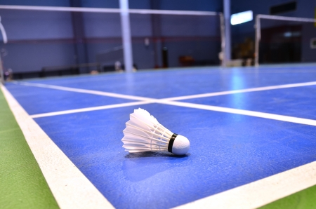 badminton court with a shuttlecock at the cornerの写真素材