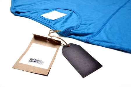 shirt with price tag on white backgroundの写真素材