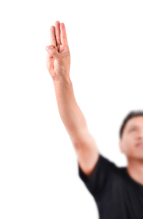 man show 3 finger for anti dictator in thailandの写真素材