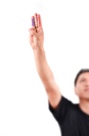 man show 3 finger for anti dictator in thailandの写真素材