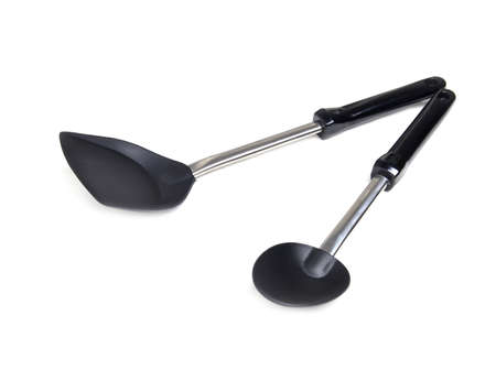 flipper used in frying on white backgroundの写真素材