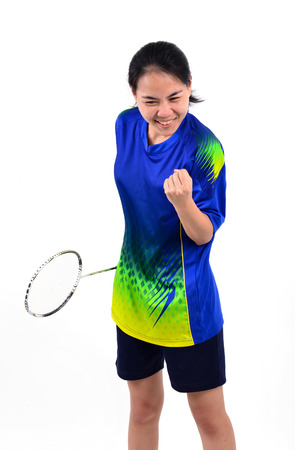badminton player in action isolated on white backgroundの写真素材