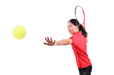 tennis player isolated on white backgroundの写真素材