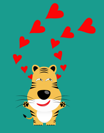 tricky tiger gartoon character with red heart vectorのイラスト素材