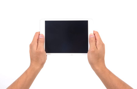 hand hold white tablet isolated on white background