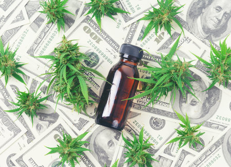 cannabis with cannabidiol (cbd) extract on hundred dollar banknoteの写真素材