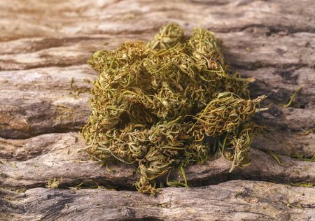 dried cannabis medical marijuana on wooden backgroundの写真素材