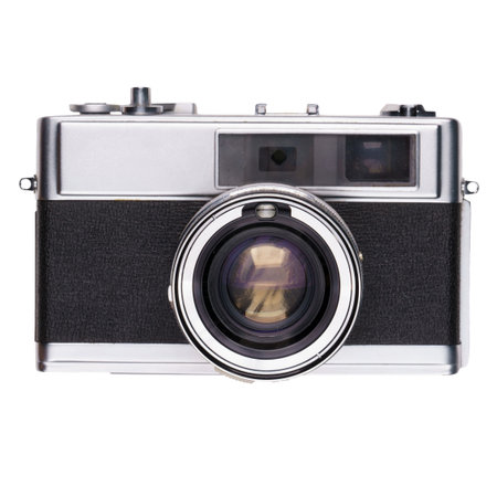 vintage old film camera isolated on white backgroundの写真素材