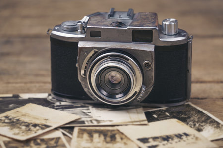 vintage camera on the background of old photosの写真素材