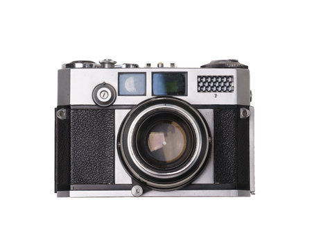 vintage old film camera isolated on white backgroundの写真素材