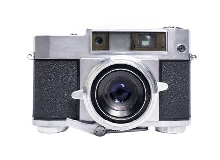 vintage photo camera isolated on a white backgroundの写真素材