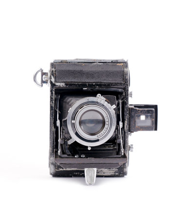 old vintage folding camera on white backgroundの写真素材