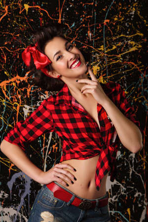 beautiful girl on colorful backgroundの写真素材