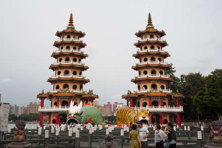 KAOHSIUNG -TAIWAN, JUNE 28, 2014: The dragon and tiger pragodas. JUNE 28, 2014 in Kaohsiung, Taiwan. Dragon and tiger pragodas are famous place tourism in Kaohsiung.のeditorial素材