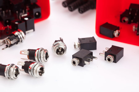2.1 dc power female jack and 2.5 inch audio female jack on the white background