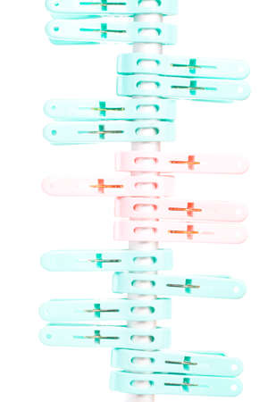 colorful plastic clothespin green and pink. clip on aluminium pipe, drying rack clampsの写真素材