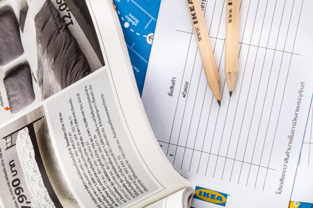 SONGKHLA THAILAND - JANUARY 27, 2015: Pencil and brochures and catalogs of IKEA . Was put together...