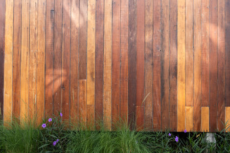 The exterior of wooden wall with grass on bottom.