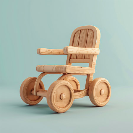 3d-render wooden style of wheel chair. Isolated on pastel color backgroundの素材