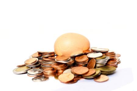 Brown eggs on replica nest from colorful piles of coins,Business and financeの写真素材