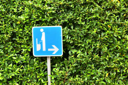 Sign path to urinals for males, Blue label with green bush as the backgroundの写真素材