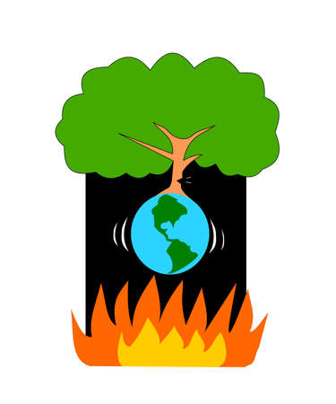 The tree is cut down, causing the planet to shake and will fall into the flame, The world is suffering from global warmingのイラスト素材