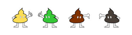 Color of the stools showing the good or bad side of health, Thumbs up and thumbs down by the cartoon character of the lump stool, Yellow with green with brown and black color poop on white backgroundのイラスト素材
