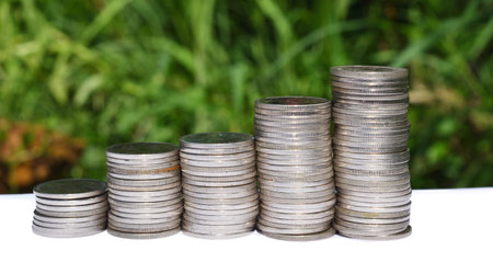 Stacks coins row with natural green background, Placing silver coin in the graph bars, Development...