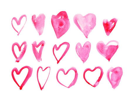 Group of pink color heart on white background, Illustration watercolor hand draw on paper, Symbols...