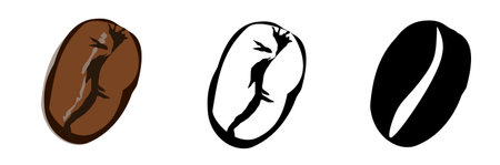 Dark brown roasted coffee beans isolated on white background, Raw processed food for drinks refreshment, Vector graphic set of silhouette and line drawing of coffee beanのイラスト素材