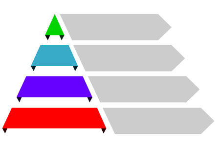 Infographic illustration of green with blue and red triangles divided and cut into four and space for text, Pyramid shape made of four layers for presenting business ideas or dispaのイラスト素材