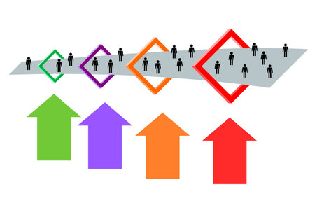 Arrow with path that grows with man icon to success in a four step expanded square framework, Infographic vector template for business and level modern sale funnel diagram for presのイラスト素材