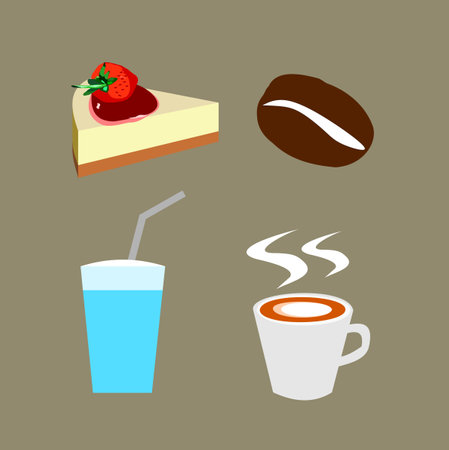 Roasted coffee bean with hot drink cup with cheesecake pie slice topped with strawberry fruit syrup with cake with blue smoothie milk shake isolated on green backgroundのイラスト素材