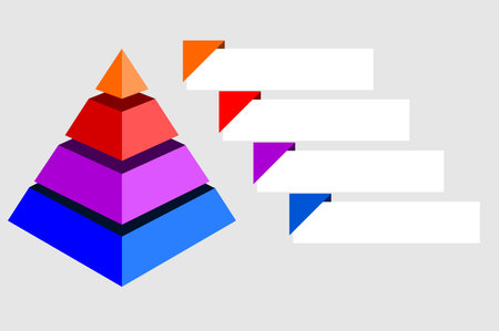 Infographic illustration of purple with orange with blue and red triangle divided and cut and space for text, Pyramid shape four layers for presenting business ideas or disparity aのイラスト素材