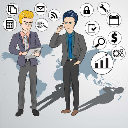 Handsome Business Man hold Tablet and Businessman thinks  with icon and world mapのイラスト素材