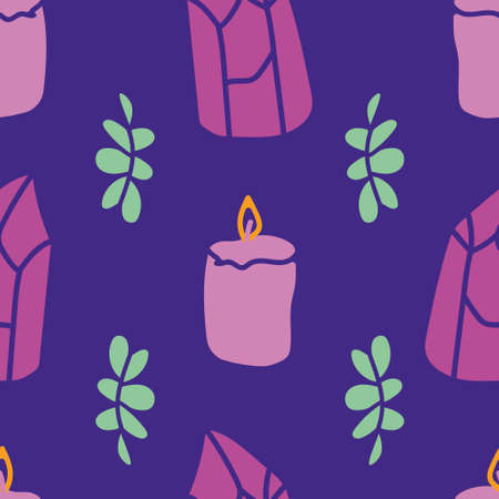 Violet crystals and candles seamless pattern printのイラスト素材