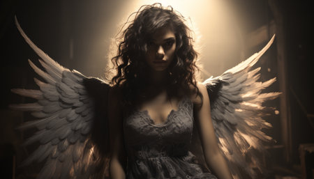 Portrait of a beautiful young woman with angel wings in a dark room. Created in AI.の素材