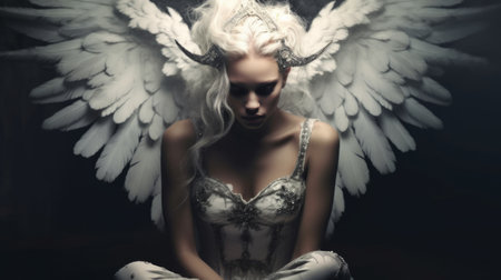 Portrait of a beautiful angel girl with white wings on a dark background. Created in AI.の素材