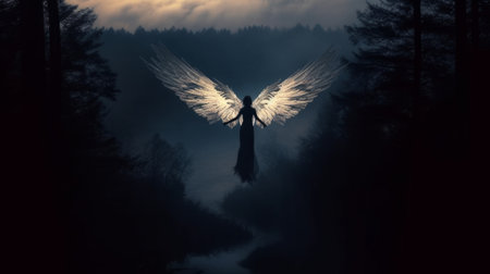 Mysterious woman with angel wings in dark forest. Created in AI.の素材
