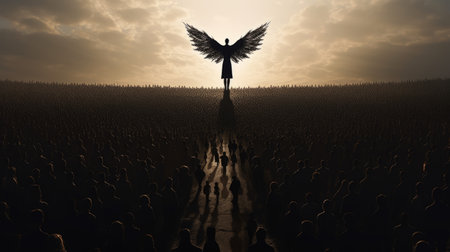 Angel in front of a crowd of people A holy angel, an archangel with wings, hovers over a crowd of people. The coming of Christ. Generative AIの素材
