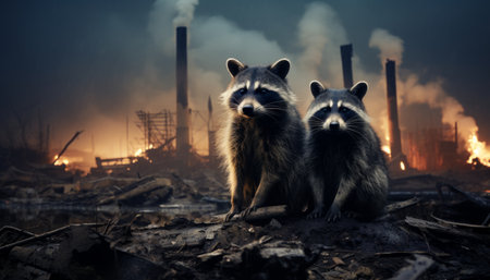 Two raccoons Ecological pollution of the environment by garbage waste and landfills near the habitat of animals. Raccoons survive in polluted natural areas. Made in AIの素材