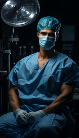 Portrait of the heads of the doctor in the operating room of the medical clinic. Male surgeon, MD, cardiologist and oncologist in a medical mask. AI generationの素材