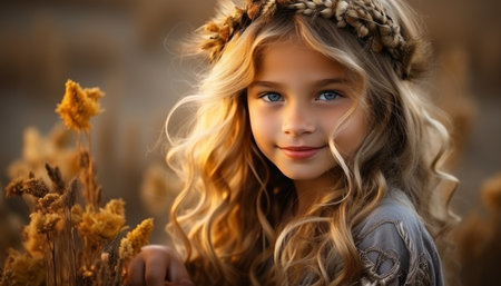 Portrait of a beautiful little girl with long blond curly hair. AI generationの素材