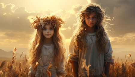 Two little girls with long hair in wheat field at sunset. Childhood concept. AI generationの素材