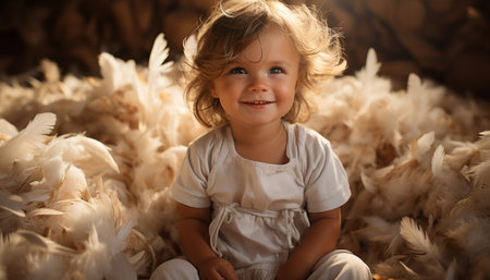 Portrait of a cute little girl in a white dress on a background of feathers. AI generationの素材