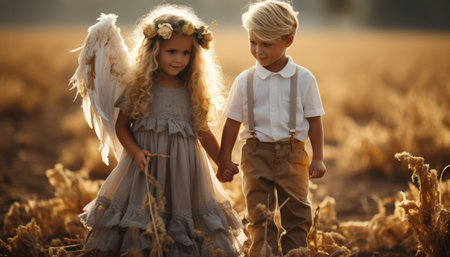Little boy and girl with angel wings in wheat field at sunset. AI generation.の素材