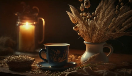 Still life with a cup of coffee, ears of wheat and a candle. AI generationの素材